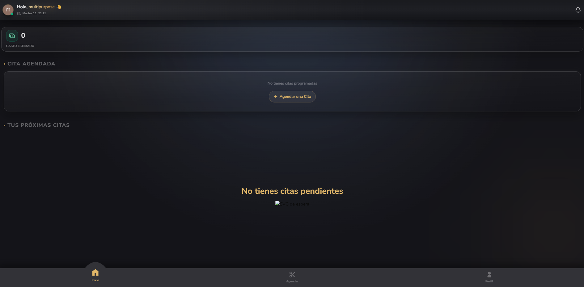 Inicio con el próximo turno y el gasto estimado