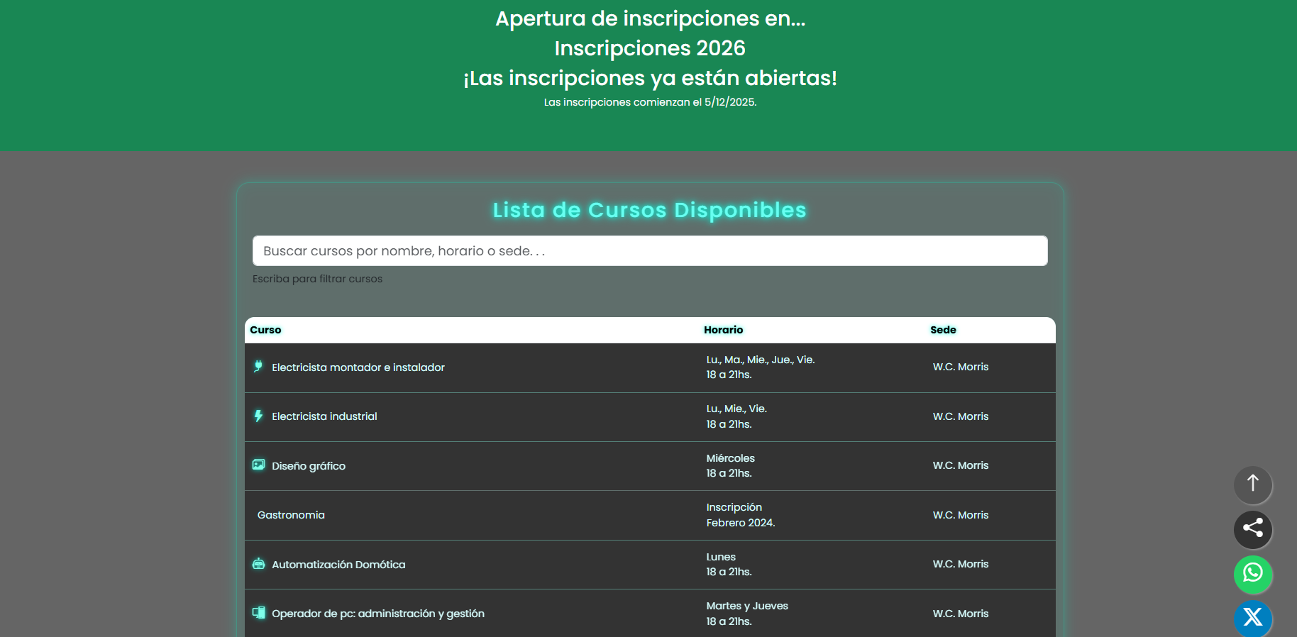 Listado de cursos con búsqueda y filtros